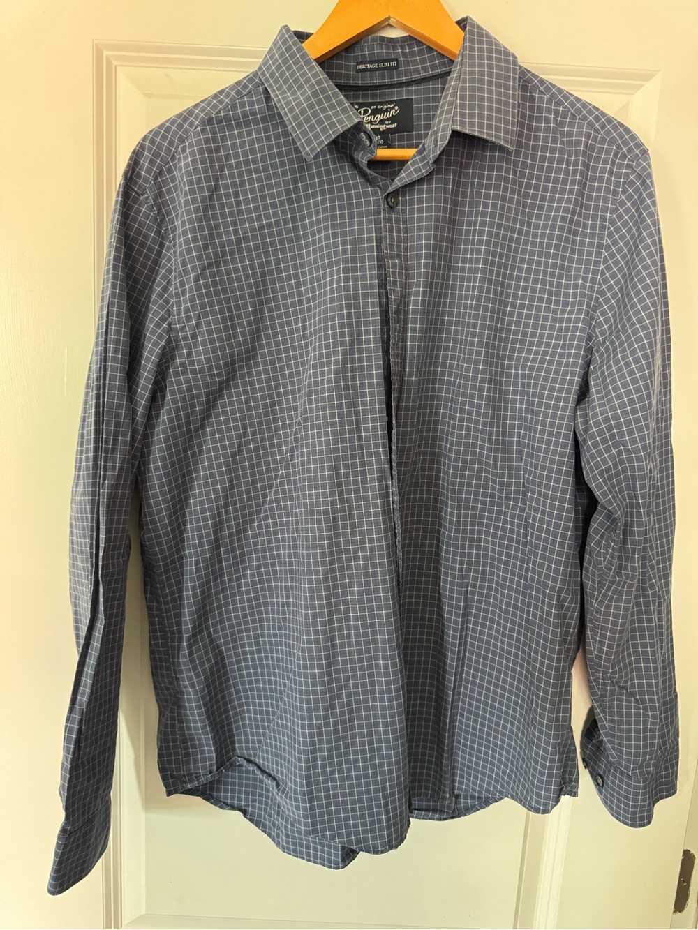 Penguin Heritage slim fit check long sleeve button down shirt navy 17 34/35
